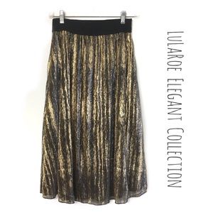 Elegant gold & black midi skirt. Elastic waist. XS